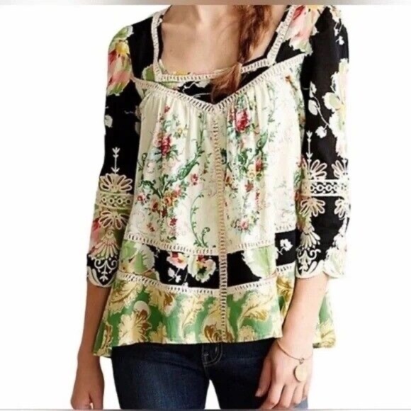 Anthropologie Tops - Anthropologie Vanessa Virginia Prateria Floral Embroidered 3/4 Sleeve Tunic Top